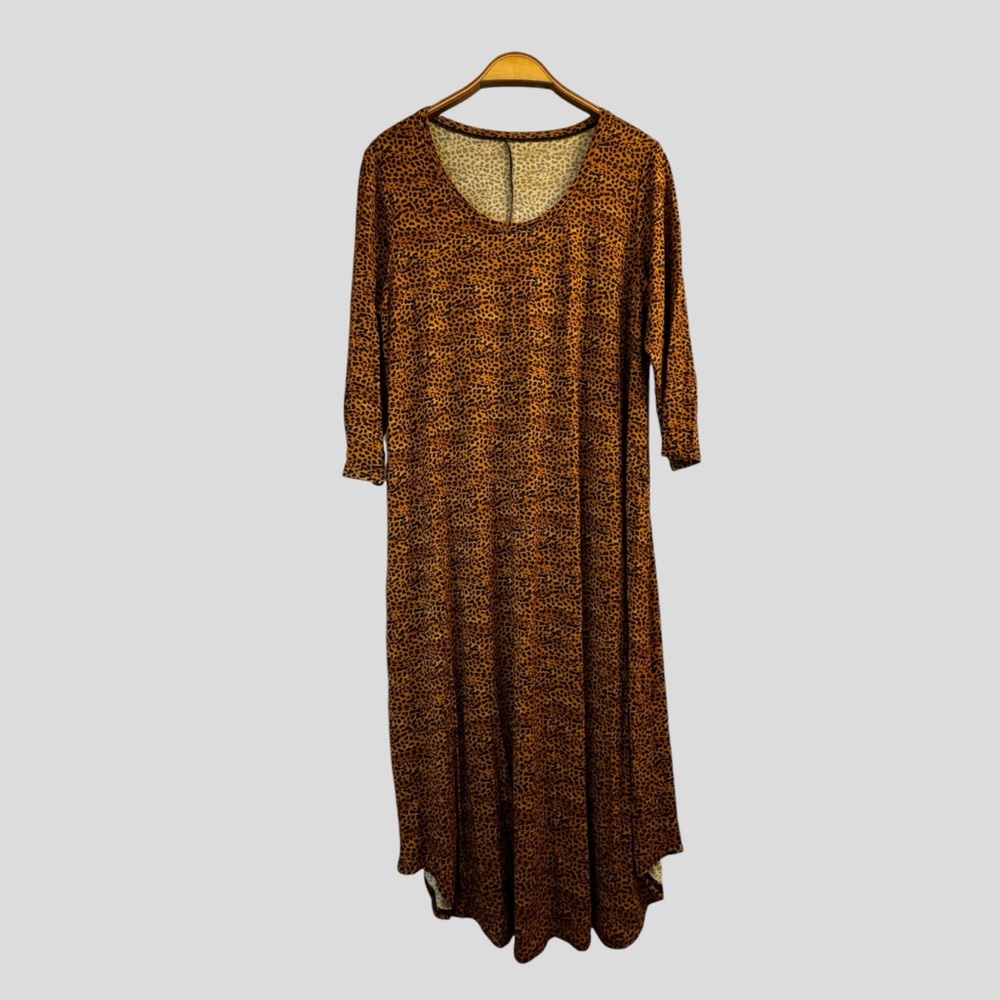 Blue Sky Women’s Dress Size XL Orange Cheetah Print 3/4 Sleeves Scoop Neck